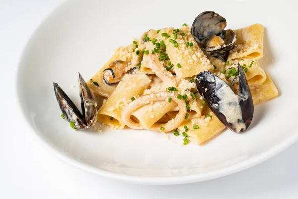 Pasta Met Mosselen Kaas Close — Stockfoto