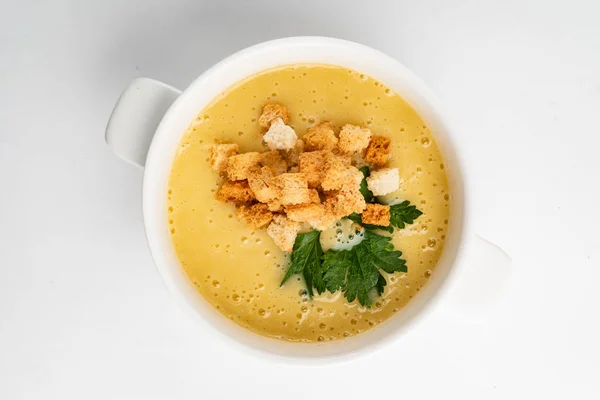 Vegetable Cream Soup Croutons Close — Stock Photo, Image