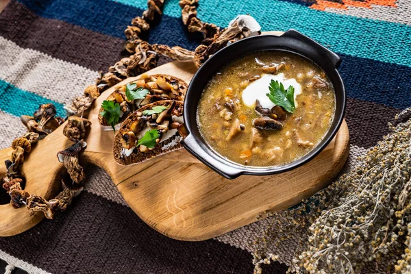 Autumn mushroom soup with toasts, close up — Stock Image Autumn Mushroom Soup Toasts Close Royalty Free Stock Photos