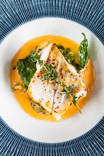 Fried Fish Fillet Cod Sauce Herbs — Stock Photo, Image