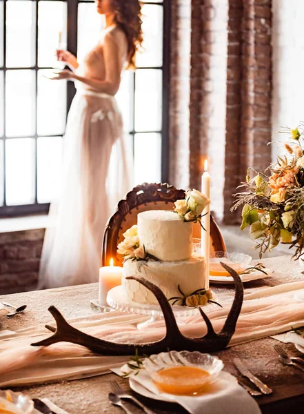 Table Mariage Avec Bougies Gâteau — Photo