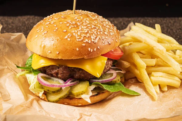 Burger French Fries Parchment — Stock Photo, Image