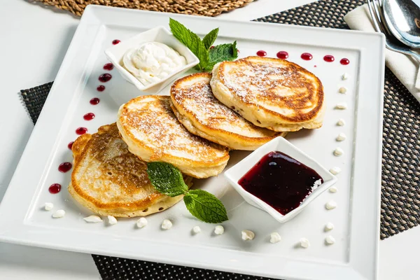 Fresh Pancakes Sour Cream Jam — Stock Photo, Image