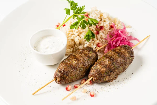 Mutton Kebabs Rice Sauce Close — Stock Photo, Image