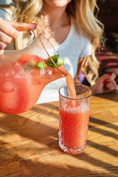 Woman Drinking Watermelon Sangria Cafe — Stock Photo, Image