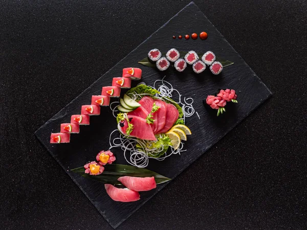 Fresh Tasty Sushi Black Background — Stock Photo, Image