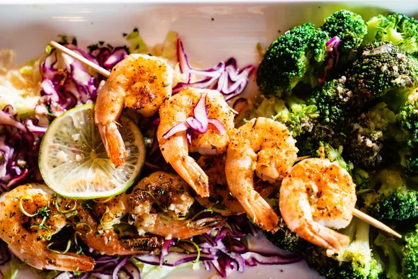 Grilled Shrimps Vegetables Sauce — Stock Photo, Image