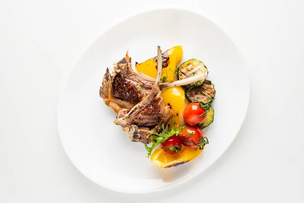 Modern French Cuisine Roasted Lamb Neck Rack Served Carrot Yellow — Stock Photo, Image