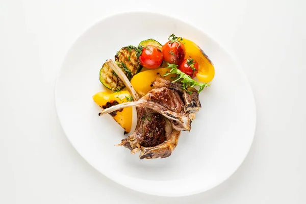 Modern French Cuisine Roasted Lamb Neck Rack Served Carrot Yellow — Stock Photo, Image