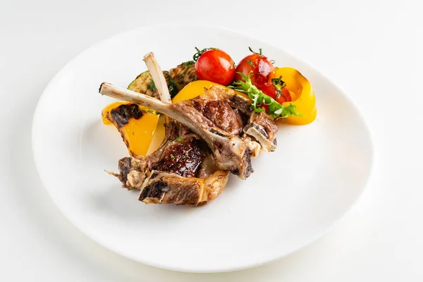 Modern French Cuisine Roasted Lamb Neck Rack Served Carrot Yellow — Stock Photo, Image