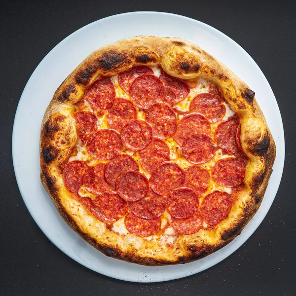 Pizza Black Background Top View — Stock Photo, Image