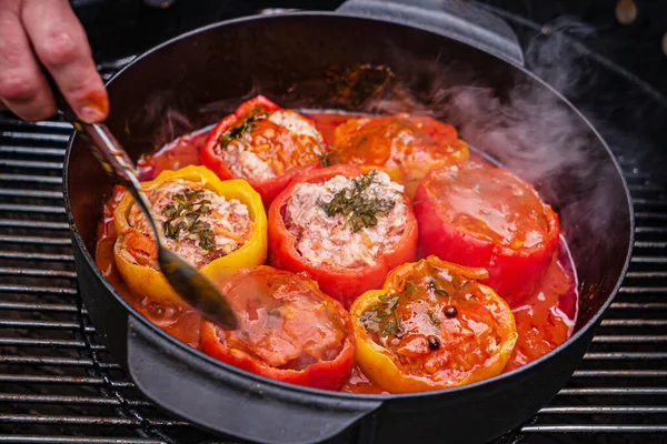 Grilled Stuffed Pepper Tomato Sauce — Stock Photo, Image