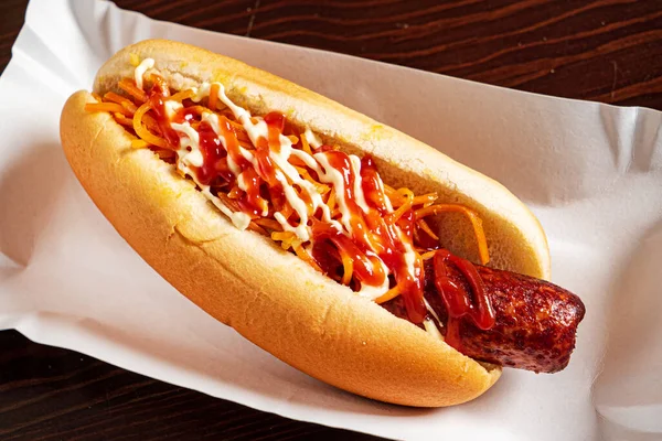 Hot Dog Avec Saucisse Porc Sauce — Photo