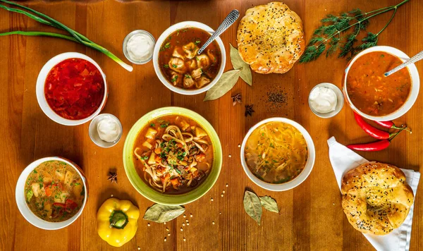 Different Kind Soups Top View — Stock Photo, Image