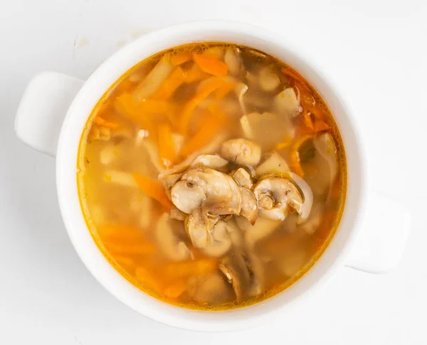 Sup Vegan Dengan Jamur Latar Belakang Putih — Stok Foto