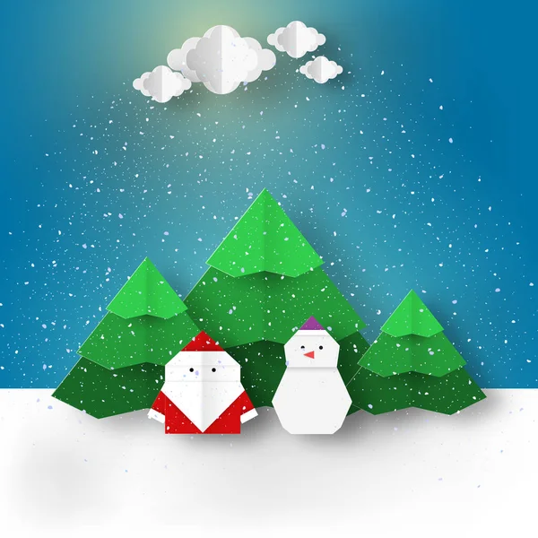 サンタクロースと雪だるまとクリスマスの折り紙の背景は 冬の休日にお祝いのために使用することができますこの画像はベクトルイラストです — ストックベクタ