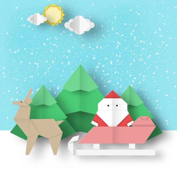 Paesaggio Carta Natale Scena Invernale Origami Babbo Natale Renne Arrivo — Vettoriale Stock