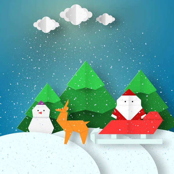 Groeten Landschap Met Kerstman Herten Kerst Achtergrond Papier Origami Stijl — Stockvector