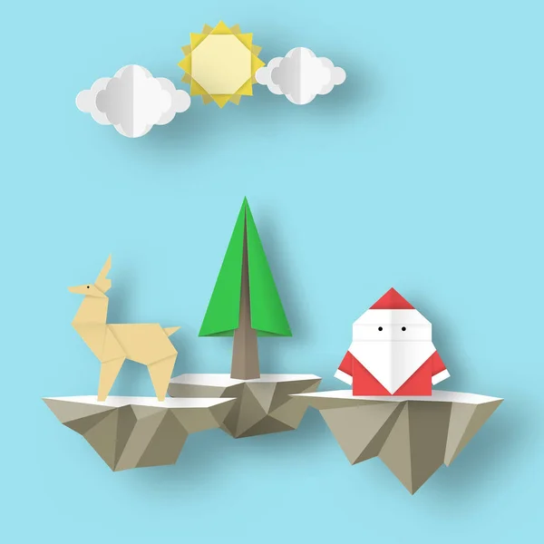 Papier Origami Weihnachts Naturszene Mit Ausgeschnittenem Weihnachtsmann Hirsch Und Baum — Stockvektor