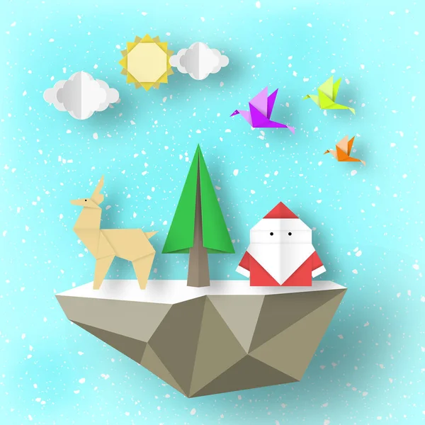 Snijd Kerstman Hert Boom Veelhoekige Zwevende Eilanden Papier Origami Kerst — Stockvector
