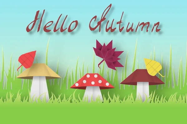 Hello Autumn Paper Greeting Card Crafted Abstrato Origami Conceito Corte — Vetor de Stock