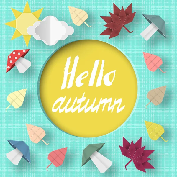 Hello Autumn Origami Greeting Card Clouds Sun Mushrooms Leaves Crafted — Stock Vector