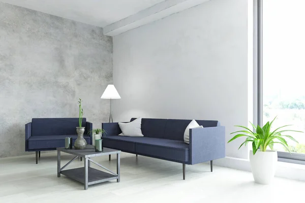 現代的な家具 ブルーソファ アームチェア ランプ 植物や古い白い壁 ファッションスタイル 3Dレンダリングイラストデザインの近くにモダンなアクセサリーとテーブルとエレガントなインテリアルーム — ストック写真