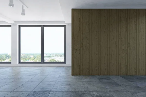 Prázdný Kancelářský Pokoj Bez Lidí Dřevěnou Stěnou Panoramatickými Okny Dlaždicovou — Stock fotografie
