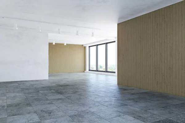 Οριζόντια Empty Office Room Χωρίς Άτομα Ξύλινο Τείχος Πανοραμικά Παράθυρα — Φωτογραφία Αρχείου