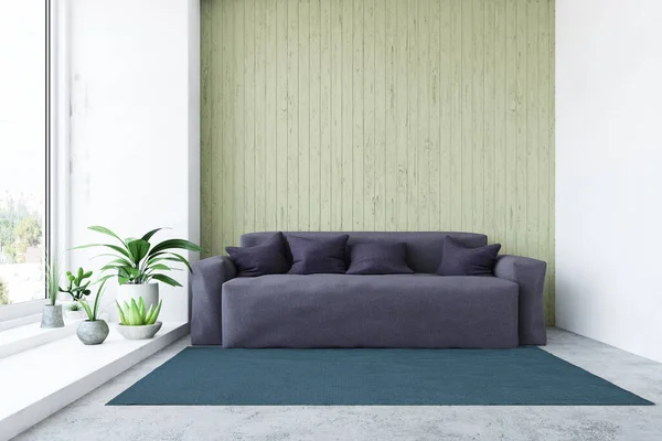 木墙和窗户附近有沙发和绿色植物的房间 简朴的公寓 简约的现代室内装饰 时尚风格 3D渲染图解 当代室内设计 — 图库照片