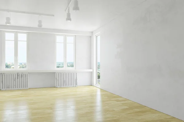 Interior Moderno Sala Brilhante Com Parede Suja Velha Piso Madeira — Fotografia de Stock