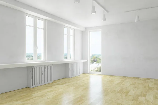 空旷明亮的房间内部与旧的肮脏墙壁和木制地板 大客厅 当代阁楼平面设计 3D渲染插图 — 图库照片