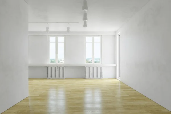 Interior Sala Branco Contemporâneo Com Parede Suja Velha Piso Madeira — Fotografia de Stock