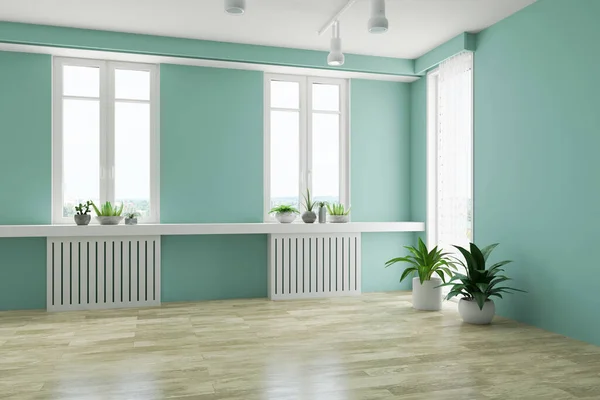 Contemporary Blank Loving Room Interior Green Wall Plants Wooden Floor — Stock Photo, Image