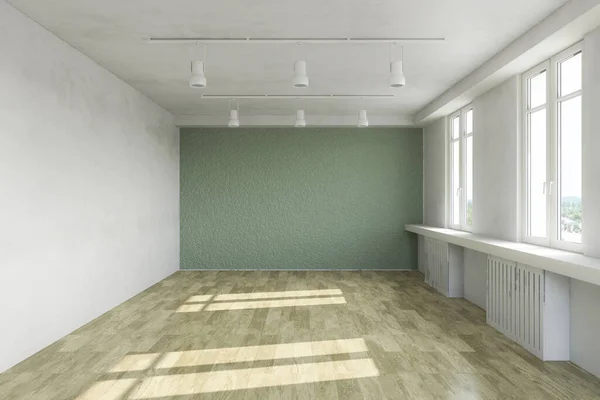 Interior Vazio Sala Estar Contemporânea Com Parede Verde Piso Madeira — Fotografia de Stock