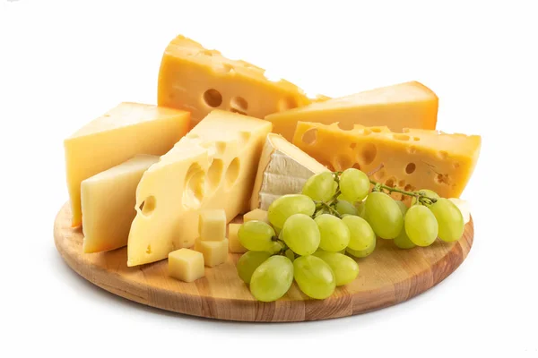 Different Sorts Cheese Grapes Isolated — Stock Photo, Image