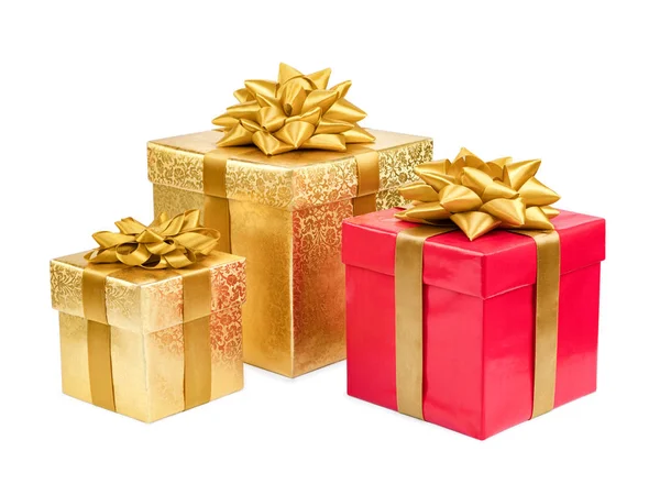 Scatole Regalo Oro Rosso Sfondo Bianco — Foto Stock