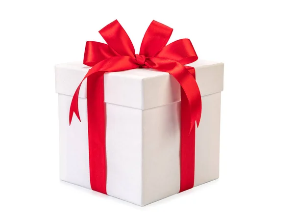 Біла Подарункова Коробка Червоним Бантом Ізольована Білому Тлі — стокове фото