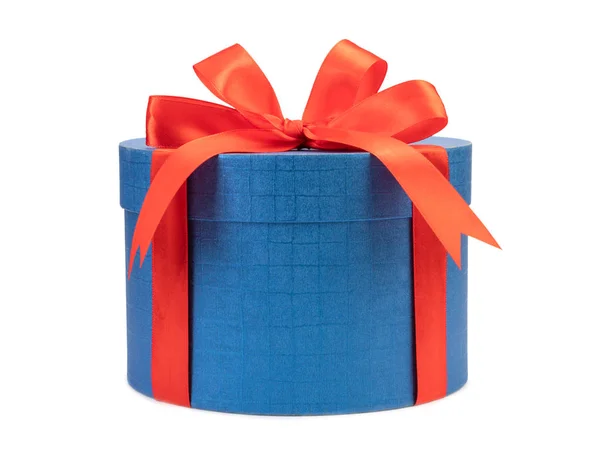 Blue Gift Box Red Bow White Background — Stock Photo, Image