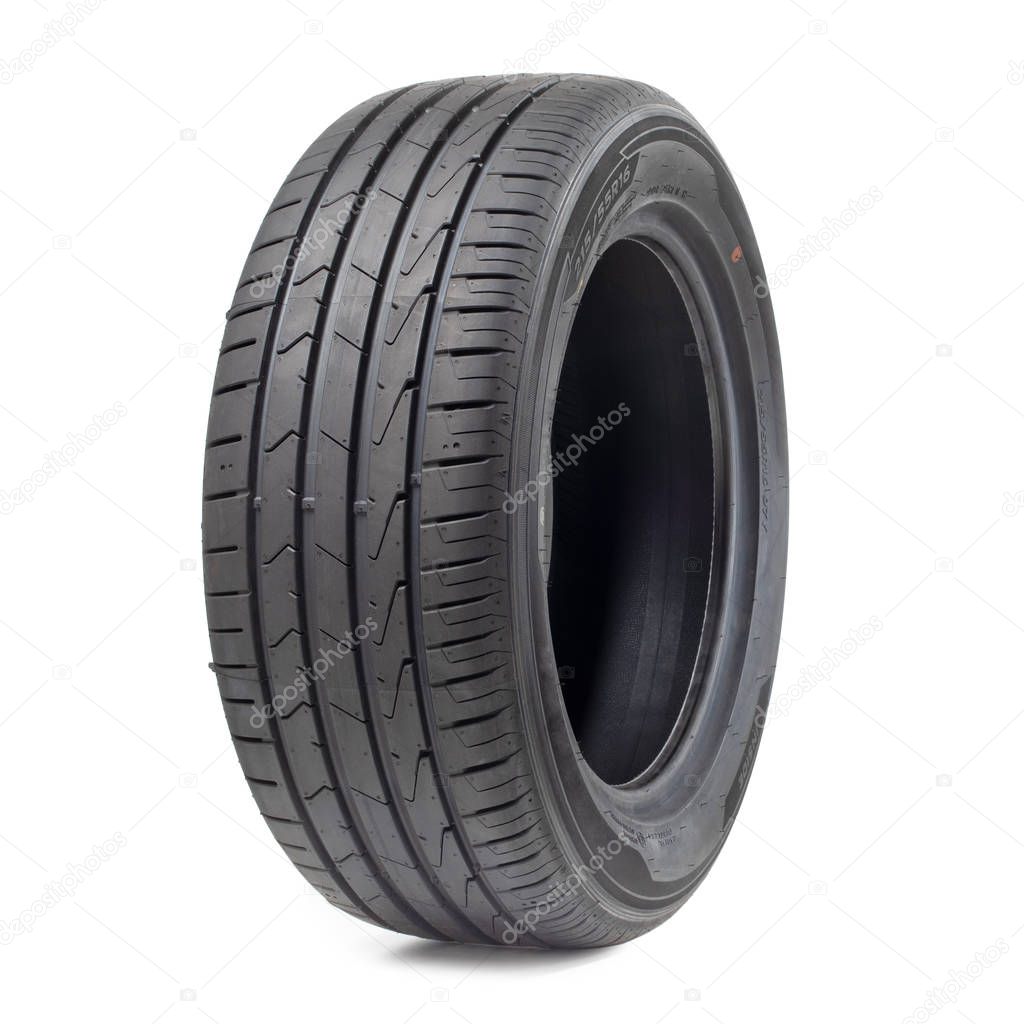 black car tyre isolated on a white background.