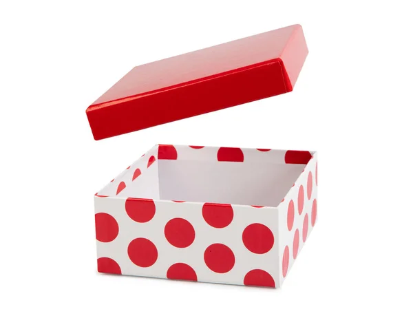 Öppna presentask. Röd pärmen vit låda med röda prickar — Stockfoto