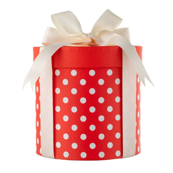 白い弓で丸みを帯びた赤い箱 白い点付きの贈り物 — ストック写真