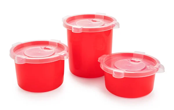 Conjunto Recipiente Plástico Vermelho Para Armazenamento Alimentos Fundo Branco — Fotografia de Stock