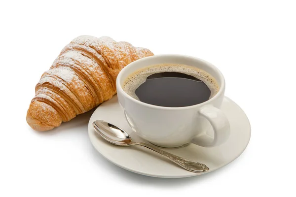 Xícara Café Croissant Isolado Fundo Branco — Fotografia de Stock