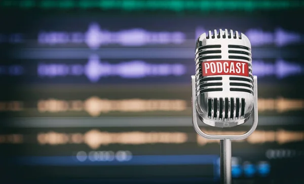 Ev Podcast Studio. Mikrofon bir tablo üzerindeki bir podcast simgesiyle