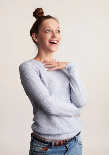 Cheerful Pretty Girl Sweater Laughing Happy Young Woman Wearing Her — Stock Photo, Image