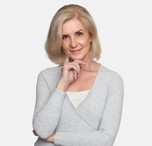 Smiling Middle Aged Woman Looking Camera Isolated White — Stock Photo, Image