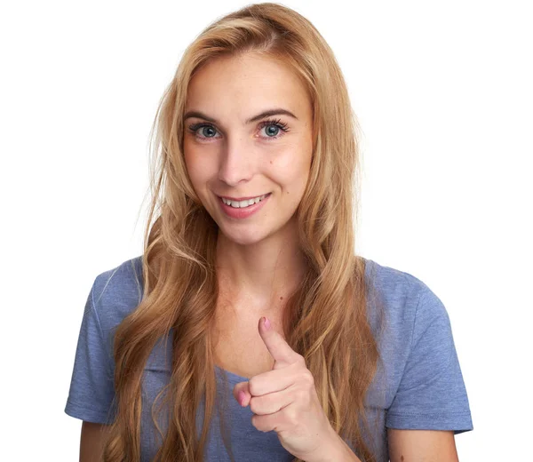 Neşeyle Kız Dişlek Gülümseyen Işaret Parmağı Size Beyaz Izole Kadın — Stok fotoğraf