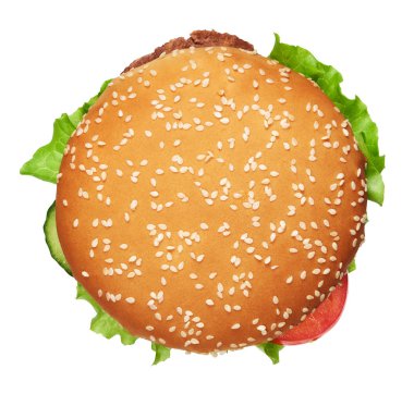 Beyaz arka plan üzerinde izole lezzetli burger. Kırpma yolu dahil. Üstten görünüm