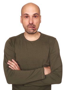 Portresi orta yaşlı kel adam beyaz arka plan üzerinde izole hayran